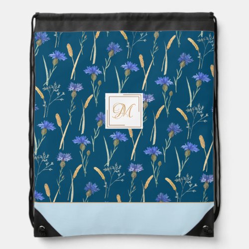 Blue Floral Wildflower Customized Monogram Drawstring Bag