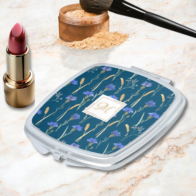 Blue Floral Wildflower Monogram Compact Mirror (Creator Uploaded)