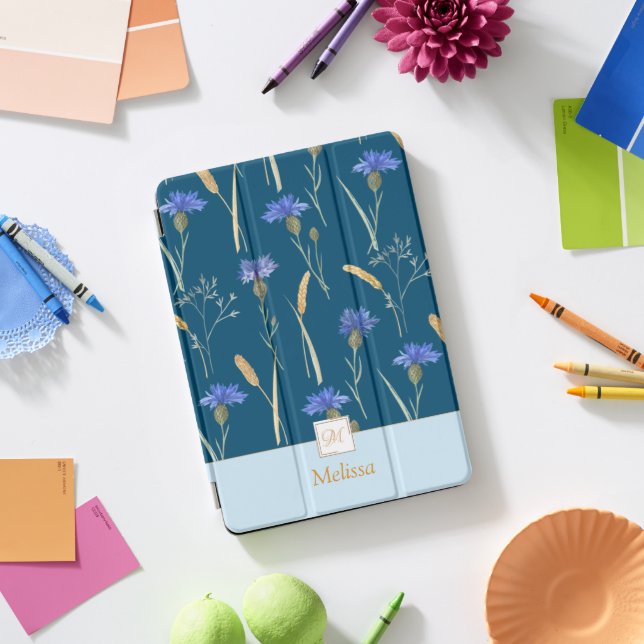 Blue Floral Wildflower Monogram iPad Pro Cover (Desk)