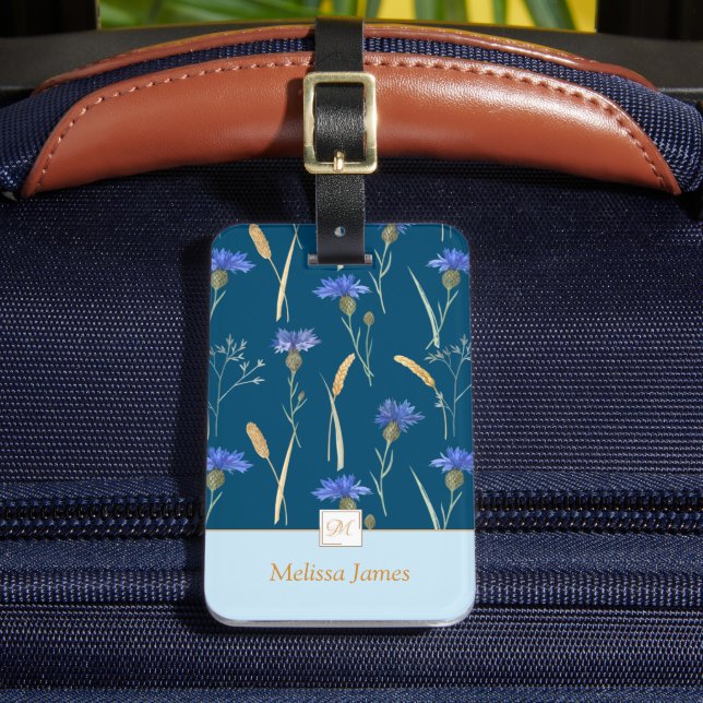 Blue Floral Wildflower Monogram Luggage Tag (Front Insitu 2)