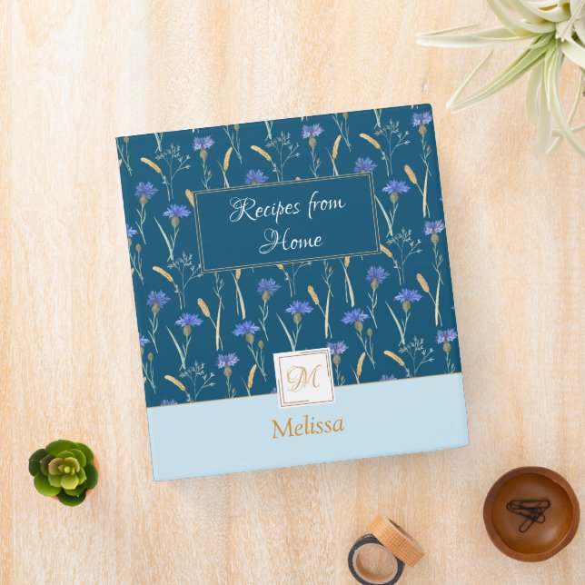 Blue Floral Wildflower Monogram Recipe 3 Ring Binder (In Situ)