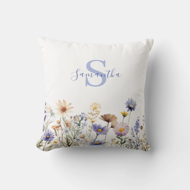 Blue Floral Wildflower Personalized  Throw Pillow (Front)