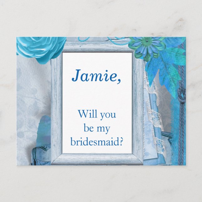 Blue Floral Will You be my Bridesmaid Invitation Postcard (Front)