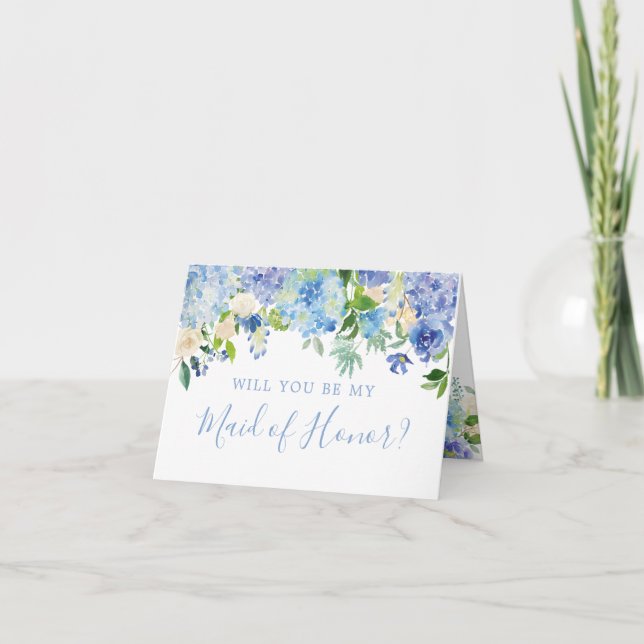 Blue Floral Will You Be My Maid of Honor Card (Front)