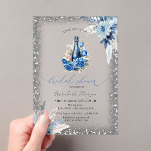 Blue Floral Wine Bottle Glitter Frame Baby Shower  Acrylic Invitations