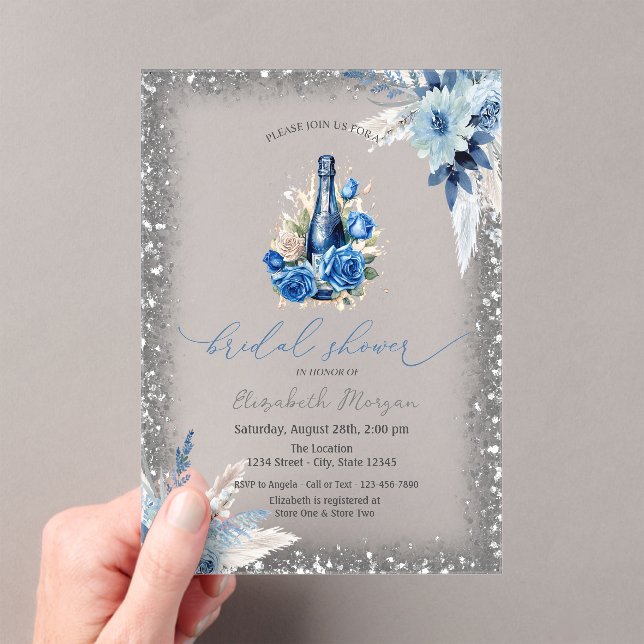 Blue Floral Wine Bottle Glitter Frame Baby Shower  Acrylic Invitations (Insitu (Handheld))