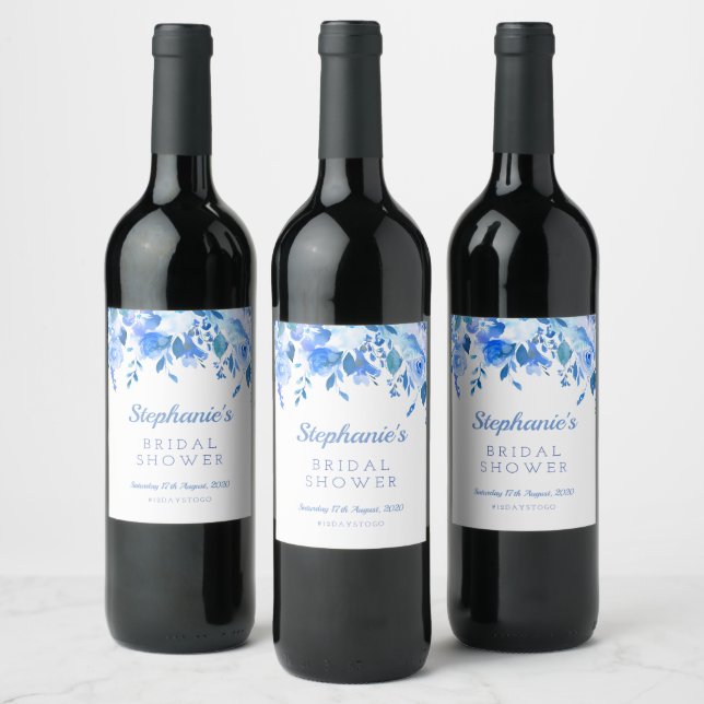 Blue Floral Wine Label, Blue floral wedding Label (Bottles)