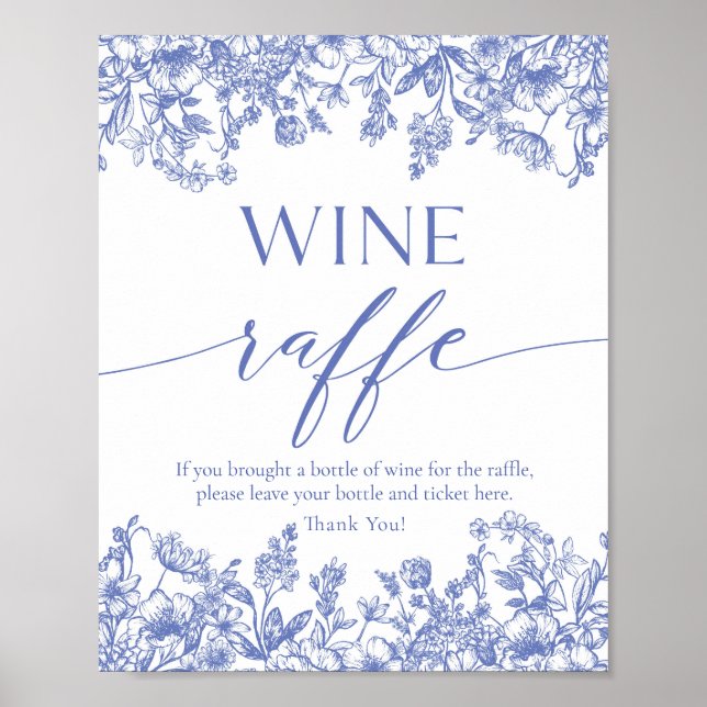 Blue Floral Wine Raffle Bridal Shower Game Sign (Front)