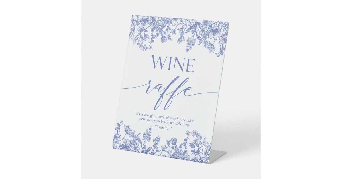 Wedding Raffle Sign Blue Floral Wine Raffle Bridal Shower Game Sign | Zazzle