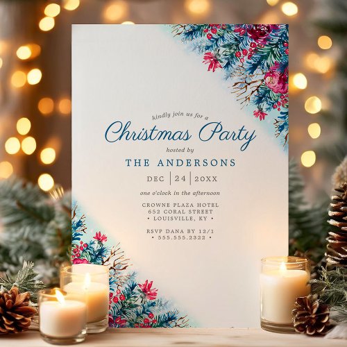 Blue Floral Winter Foliage Christmas Party Invitation