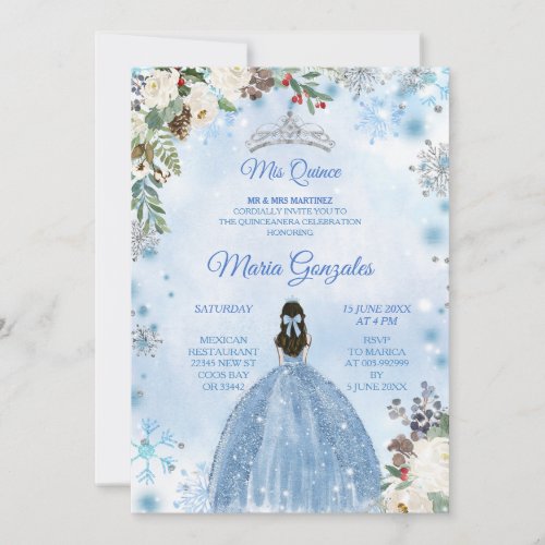 Blue Floral  Winter Holiday Mis Quince Birthday Invitation