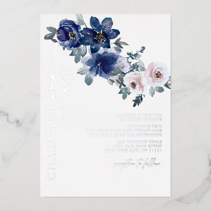 Blue Floral Winter Silver Botanical Rustic Wedding Foil Invitation