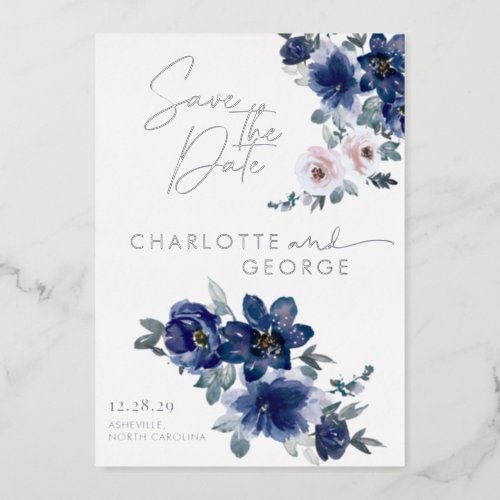 Blue Floral Winter Silver Botanical Save The Date Foil Invitation