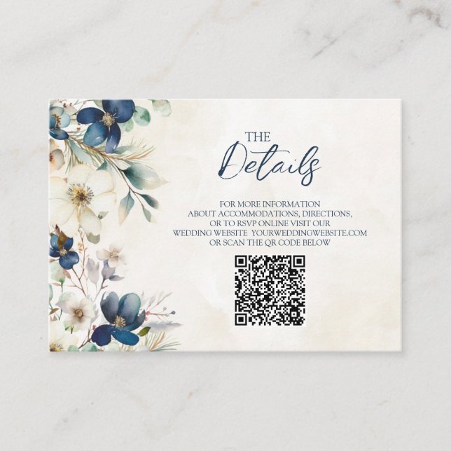 Blue Floral Winter Wedding QR code Details Insert (Front)