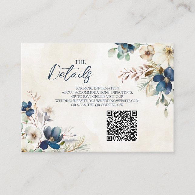 Blue Floral Winter Wedding QR code Details Insert (Front)
