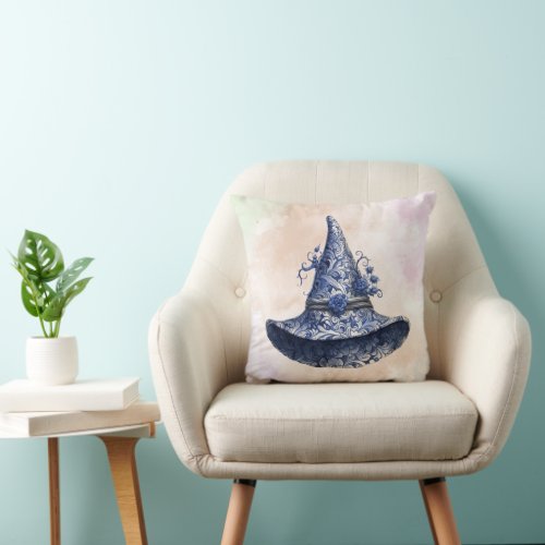 Blue Floral Witches Hat  Pastel Clouds Halloween Throw Pillow