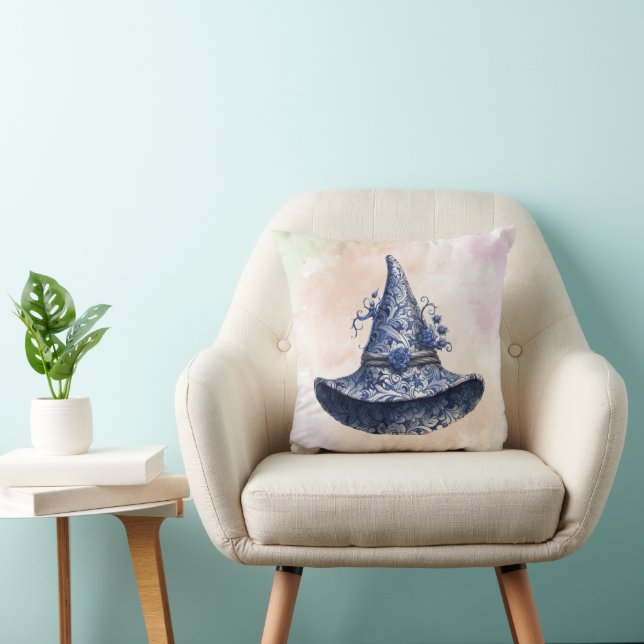 Blue Floral Witches Hat & Pastel Clouds Halloween Throw Pillow (Chair)