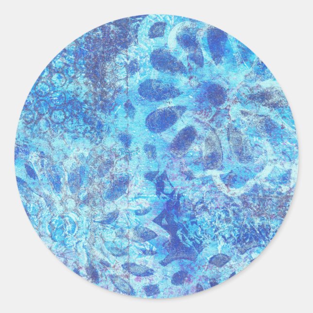 Blue Floral with Black Accents Monoprint Design Classic Round Sticker (Front)