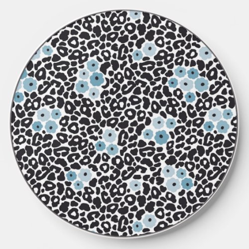 Blue Floral with Black  White Cheetah Print  Wireless Charger