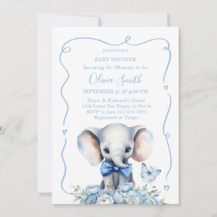 Blue Floral With Butterfly Elephant Baby Shower Invitation