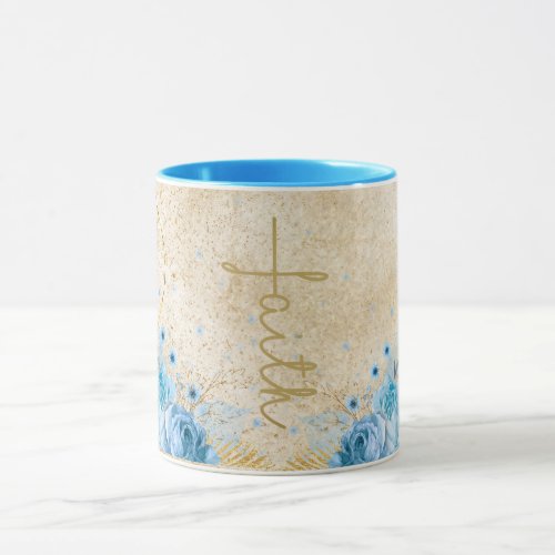 Blue Floral with Gold Faith Cross Mug