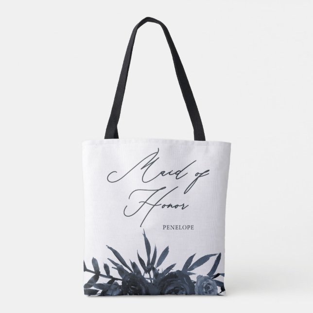 Blue Floral with Maid of Honor Script Tote Bag (Back)