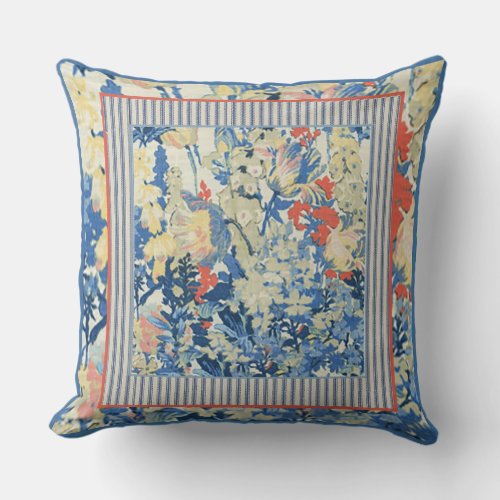 Blue Floral with Orange Accents Ticking  Throw Pillow