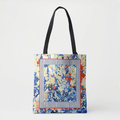 Blue Floral with Orange Border and Ticking Tote Bag