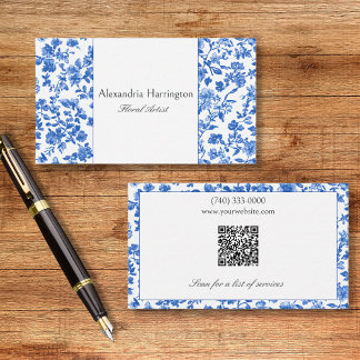 Blue Floral with QR Code Business Card