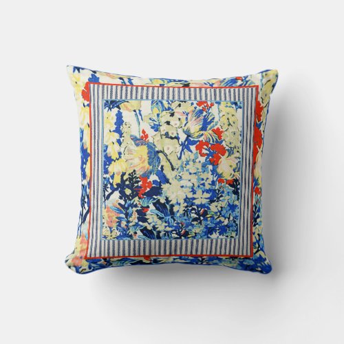 Blue Floral with Ticking and Orange Accents  Throw Pillow