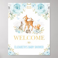 Blue Floral Woodland Animals Baby Shower Welcome Poster
