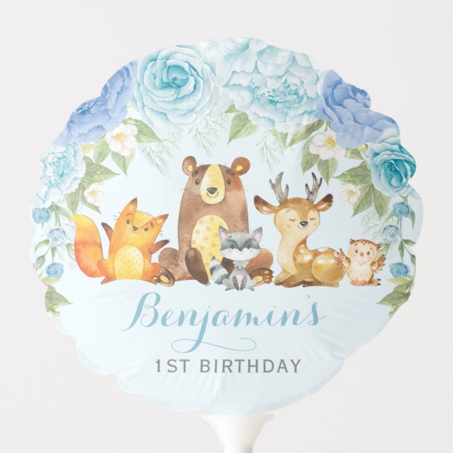 Blue Floral Woodland Animals Birthday Baby Shower Balloon (Front)