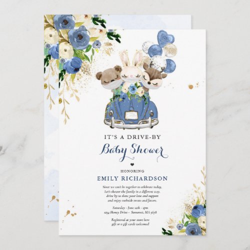 Blue Floral Woodland Animals Drive By Baby Shower Invitation