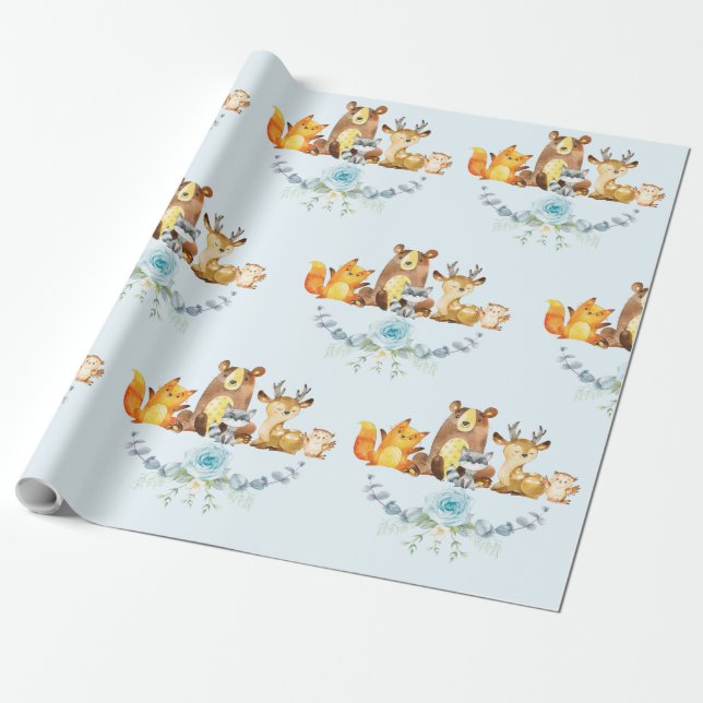 Blue Floral Woodland Baby Boy Shower 1st Birthday Wrapping Paper (Unrolled)