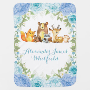 Blue Floral Woodland Forest Animals Boy Nursery Baby Blanket