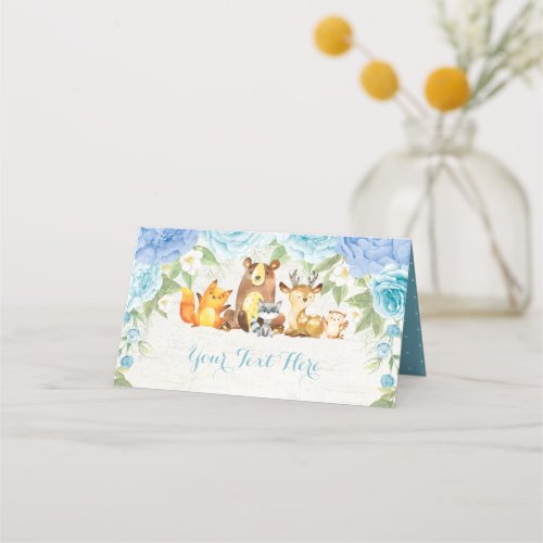 Blue Floral Woodland Watercolor Forest Animals Place Card