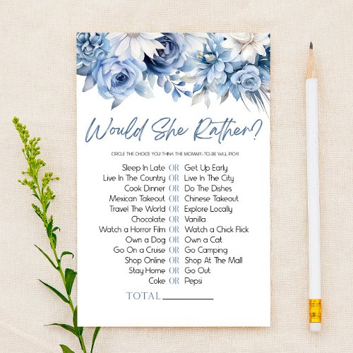 Blue Floral Would She Rather Baby Shower Game