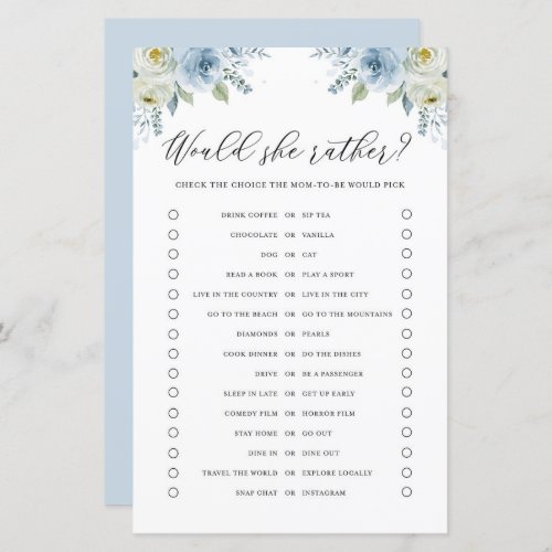Blue Floral Would She Rather Baby Shower Game Card