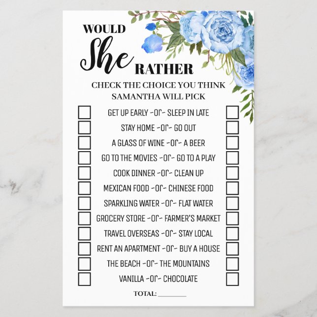Blue Floral Would She Rather Baby Shower Game Card Flyer (Front)