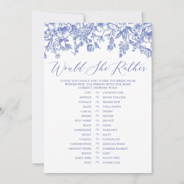 Blue Floral Would She Rather Bridal Shower Game Invitation (Front)