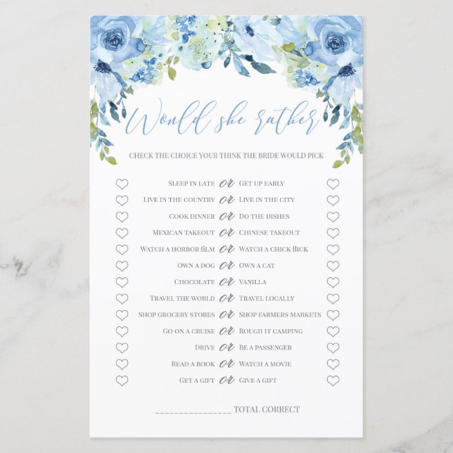 Blue floral Would she rather bridla shower game (Front)