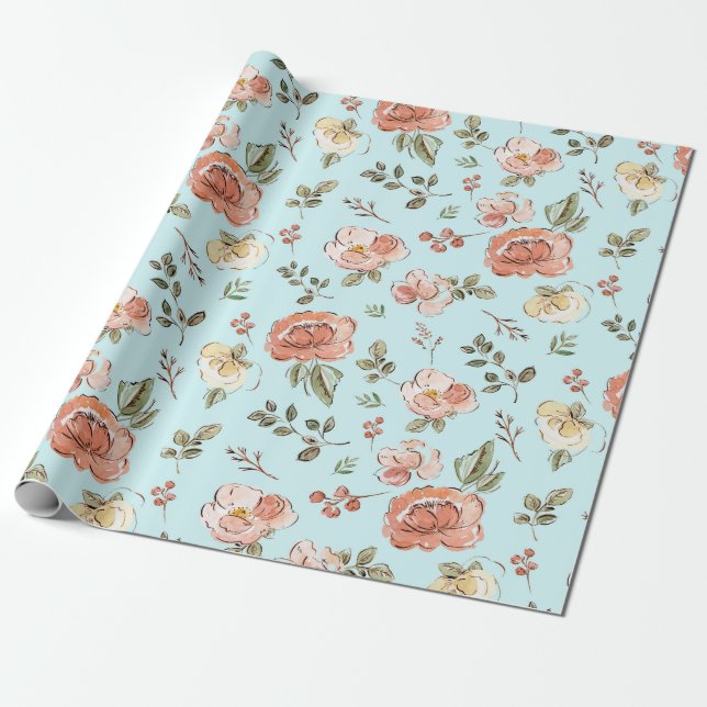 Blue Floral Wrapping Paper (Unrolled)
