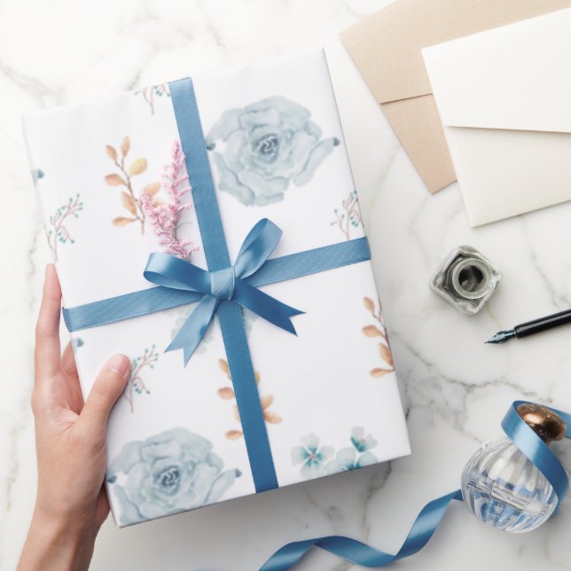 Blue floral wrapping paper, birthday wrap, wedding paper (Gifting)
