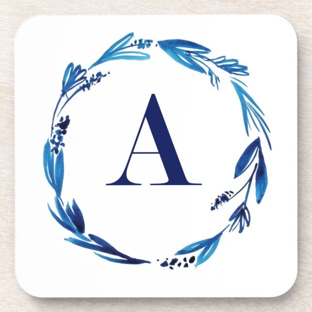 Blue Floral Wreath 'A' Beverage Coaster (Front)