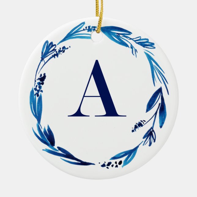 Blue Floral Wreath 'A' Ceramic Ornament (Front)