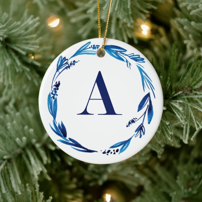 Blue Floral Wreath 'A' Personalized Ceramic Ornament (Tree)