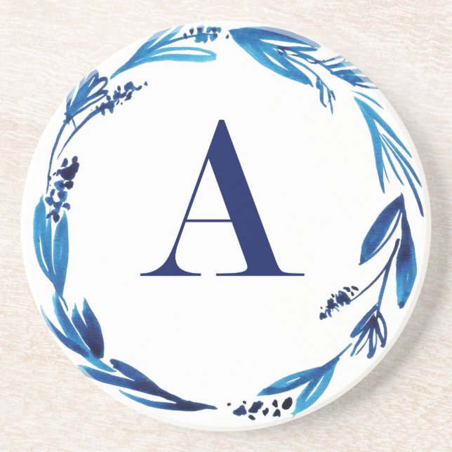 Blue Floral Wreath 'A' Sandstone Coaster (Front)