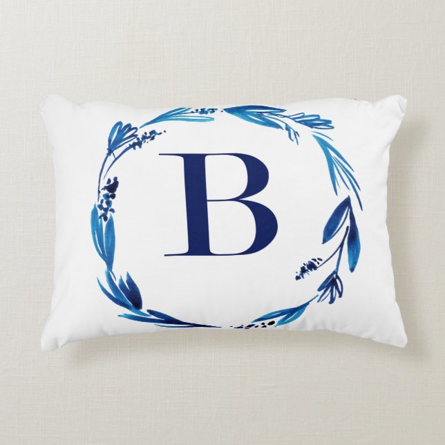 Blue Floral Wreath 'B' Decorative Pillow (Front)