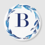 Blue Floral Wreath 'B' Magnet<br><div class="desc">Blue watercolor floral leaves wreath with monogram letter B in center.  Customizable with your name ,  special date or other words of your choice,  or just leave blank.</div>