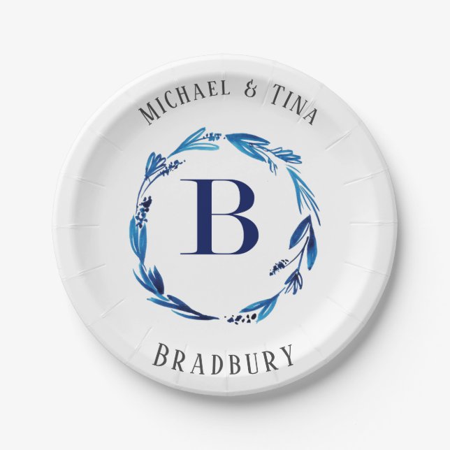 Blue Floral Wreath 'B' Monogram Paper Plates (Front)